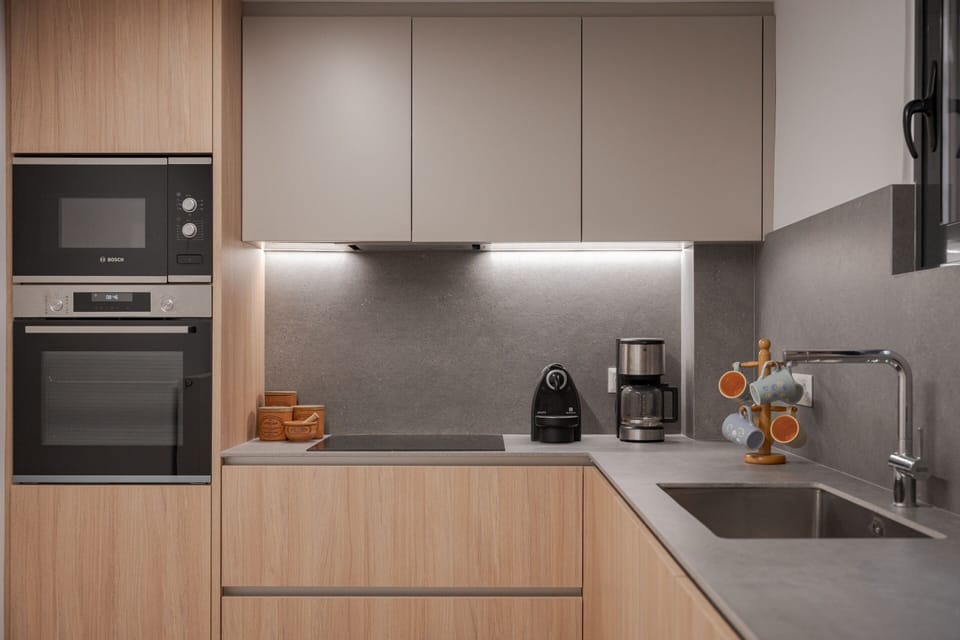 Deluxe Apartment | Private kitchen | Fridge, microwave, oven, stovetop
