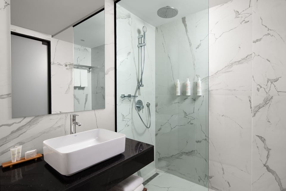 Shower, hair dryer, bidet, towels