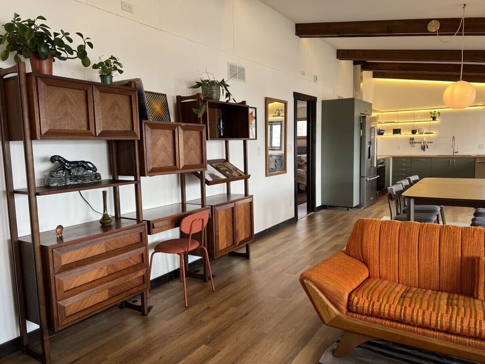 Fabulous midcentury styling and beamed, vaulted ceilings in the Bungalow