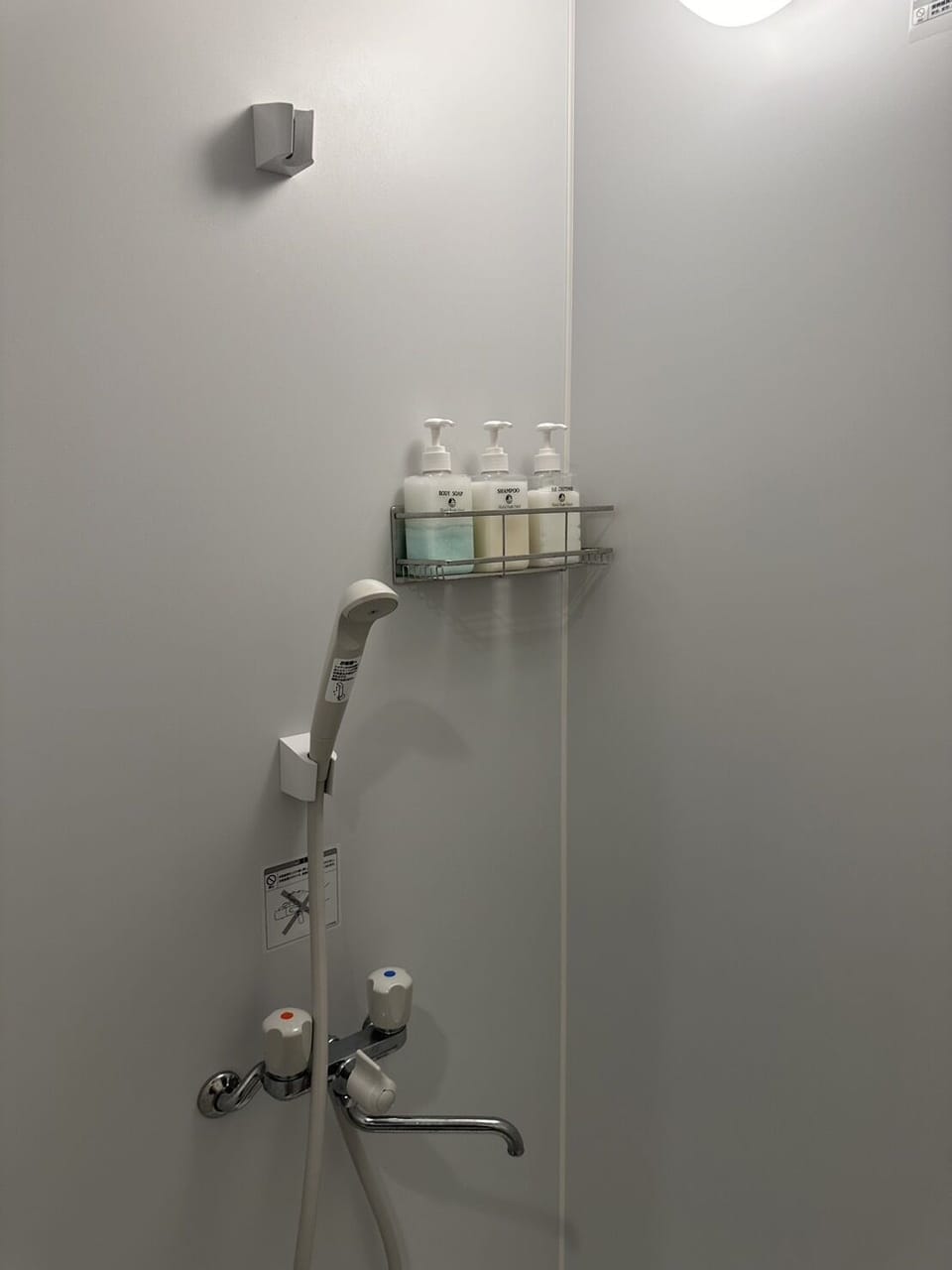 Shower, hair dryer, slippers, towels