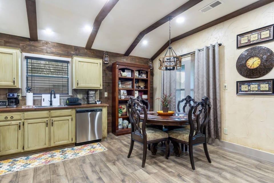 Beamed accented ceiling
