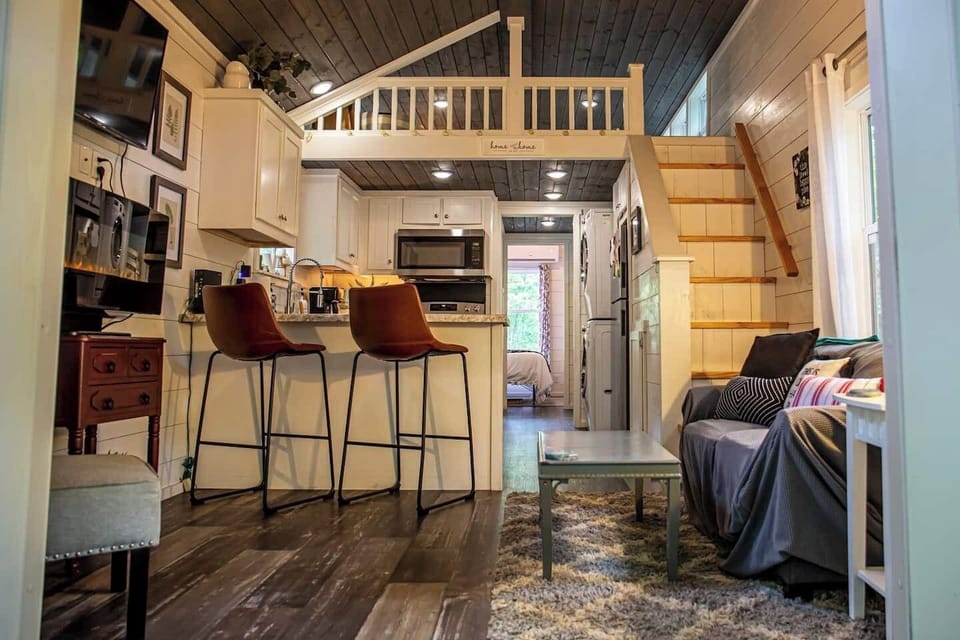 Kitchen and loft view - Airy, elegant, and effortlessly cool.
