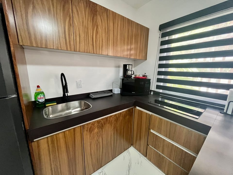 Deluxe Apartment | Private kitchen | Full-size fridge, microwave, oven, rice cooker