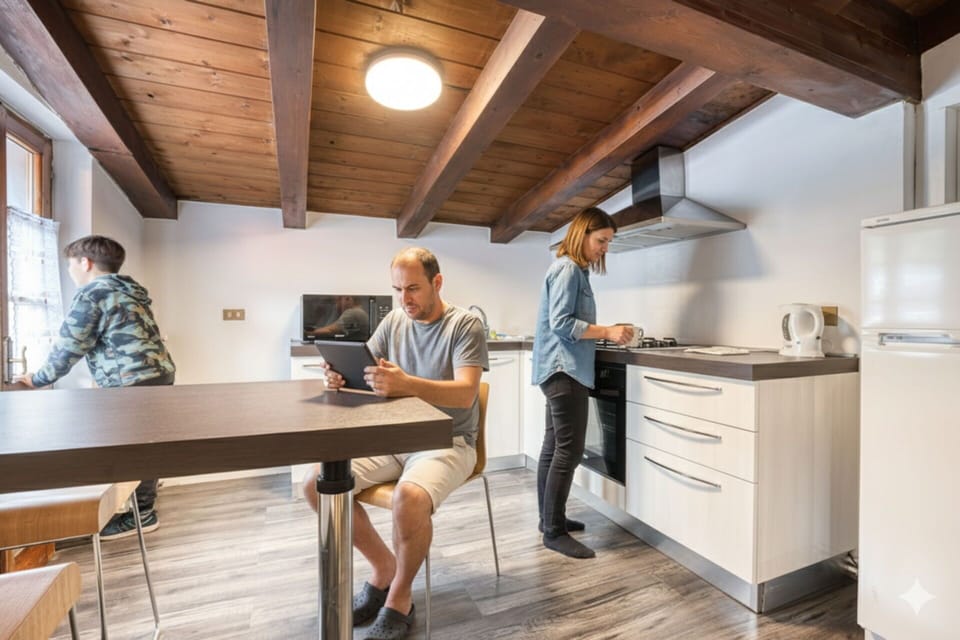 Furniture, Interior Design, Wood, Flooring, Ceiling, Floor, Table, Room, Countertop, Kitchen