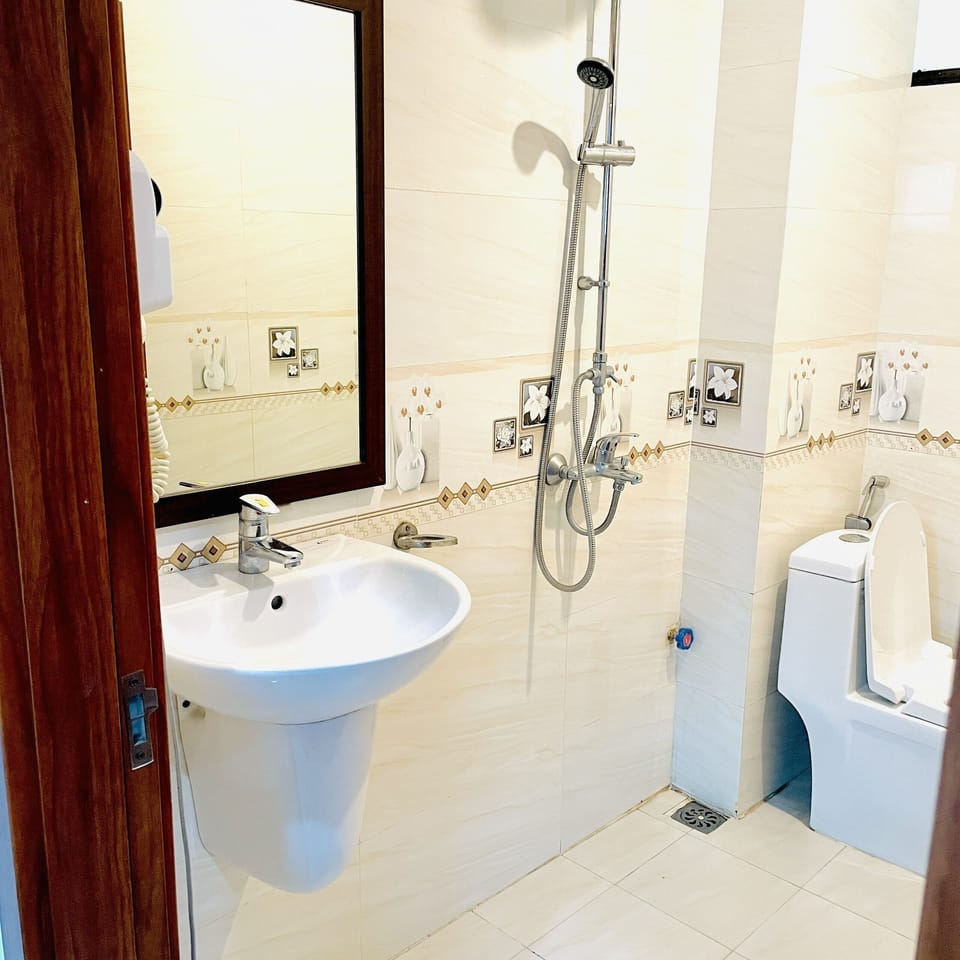 Shower, hydromassage showerhead, designer toiletries, hair dryer