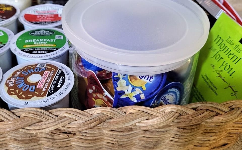 Free coffee, tea, hot chocolate, sugar, and creamer