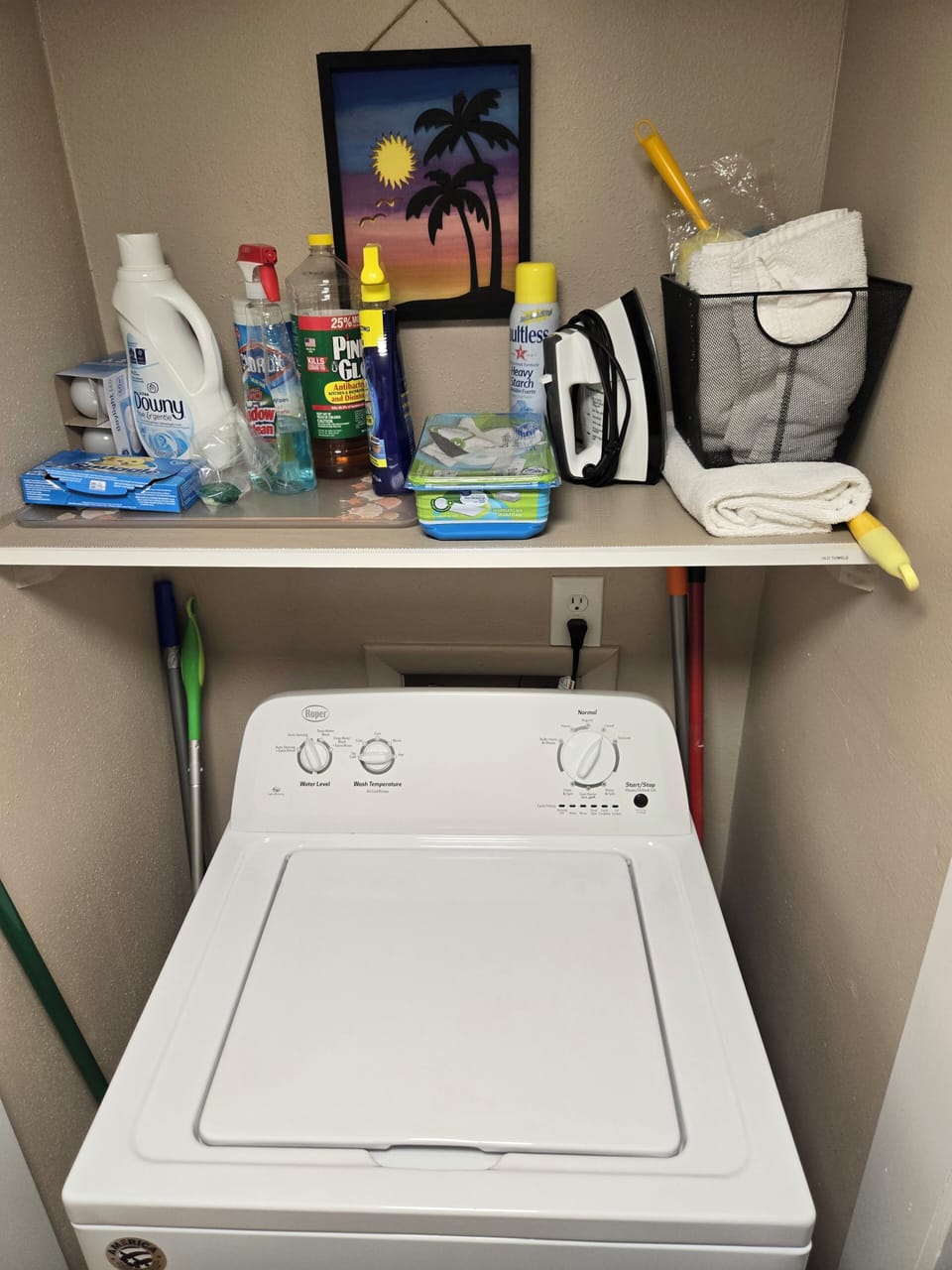Full size washer & dryer in condo, with cleaning supplies, starter laundry pods