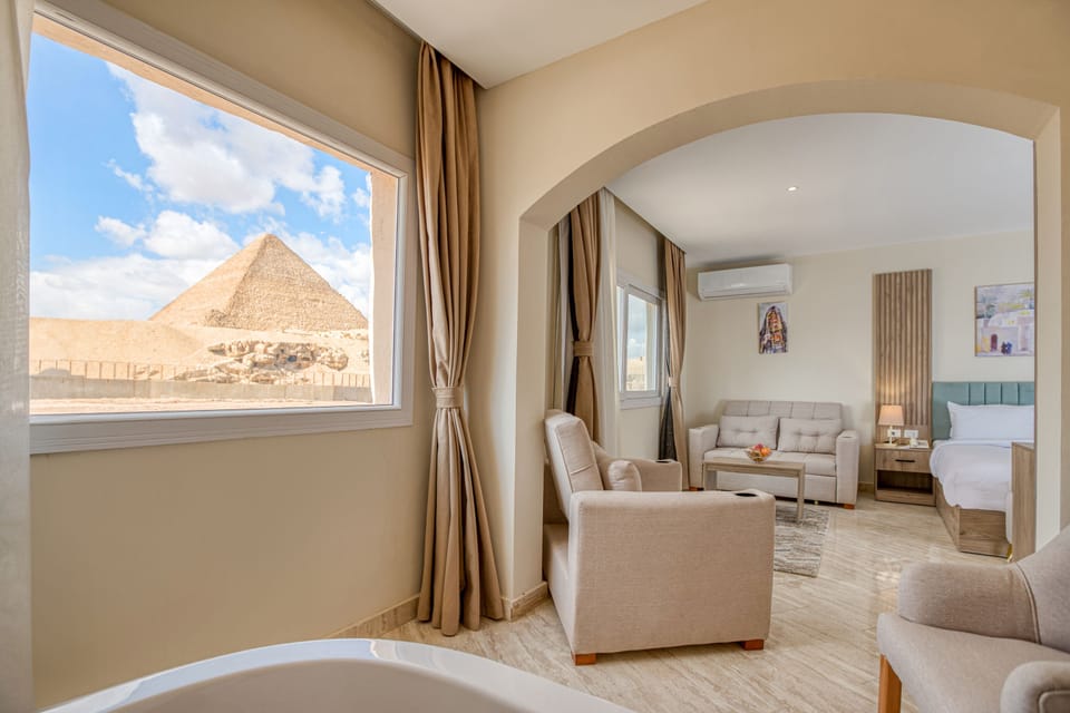 King Suite with Panoramic Pyramids View & Terrace | In-room safe, desk, blackout drapes, free WiFi