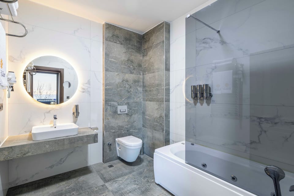 Hair dryer, slippers, towels, soap