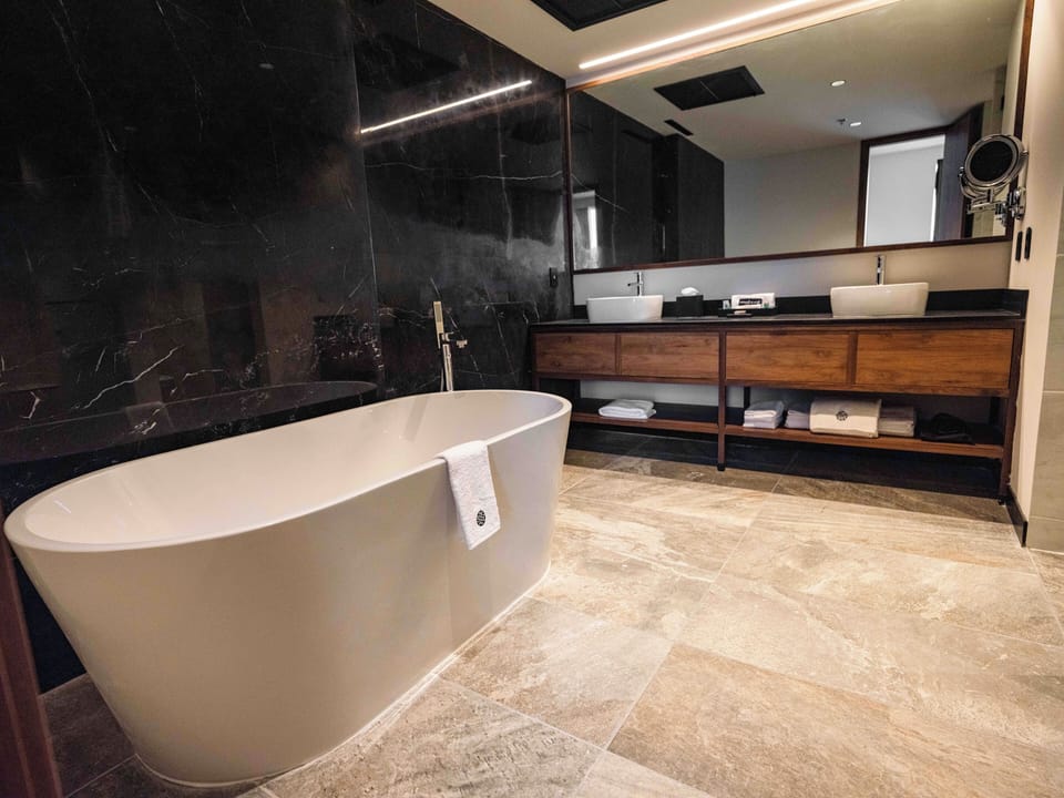Master Suite | Bathroom | Shower, rainfall showerhead, hair dryer, towels