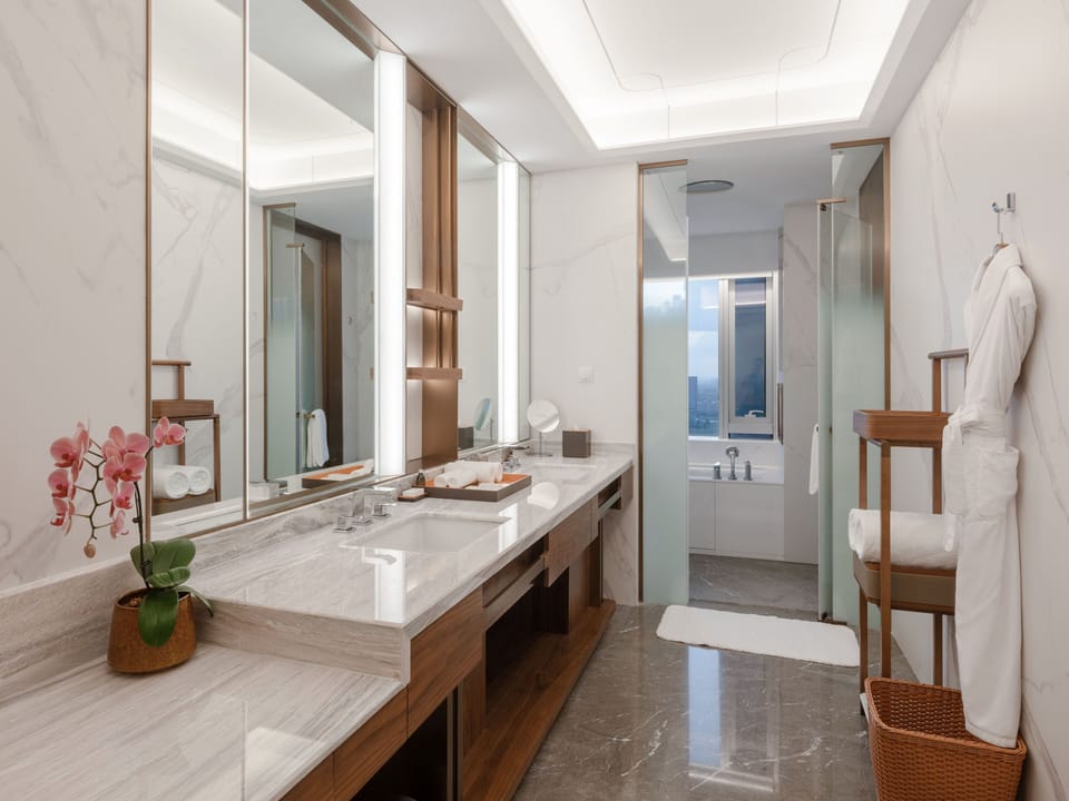 Shower, rainfall showerhead, hair dryer, slippers