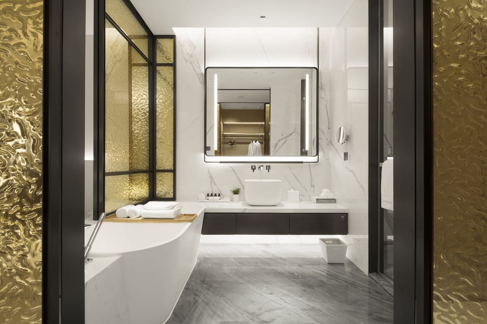 Rainfall showerhead, designer toiletries, hair dryer, bathrobes