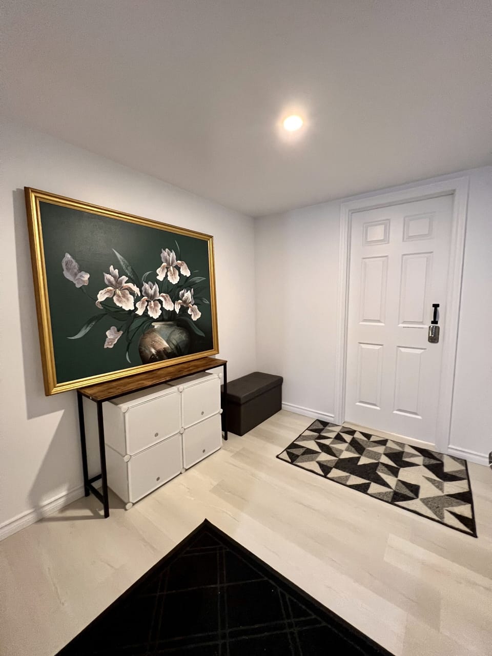 Shared entrance for the apartments, a shoe rack, and the apartment’s front door.