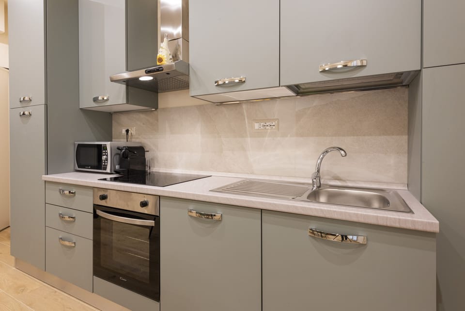 Deluxe Apartment | Private kitchen | Fridge, microwave, oven, stovetop
