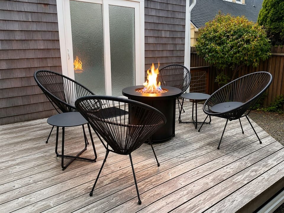 Cozy deck seating with a fire table, perfect for relaxed evenings outdoors.