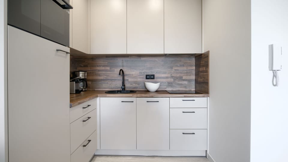 Apartment (419) | Private kitchenette | Fridge, stovetop, electric kettle, cookware/dishes/utensils