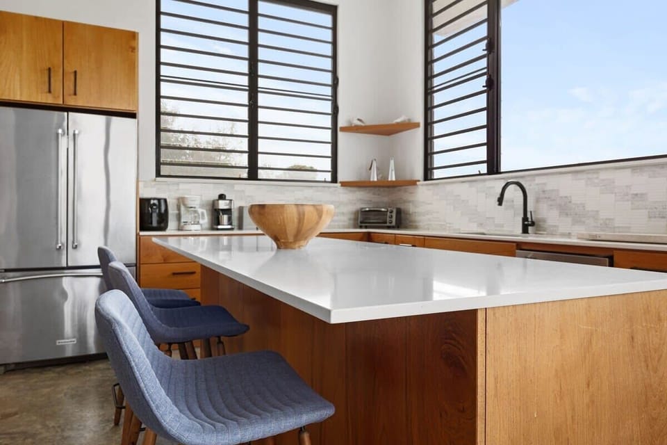 Large counter space for cooking and dining.