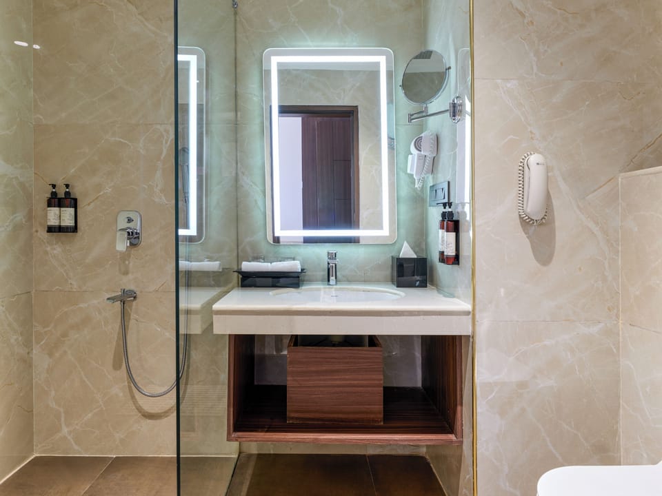 Shower, rainfall showerhead, hair dryer, bathrobes