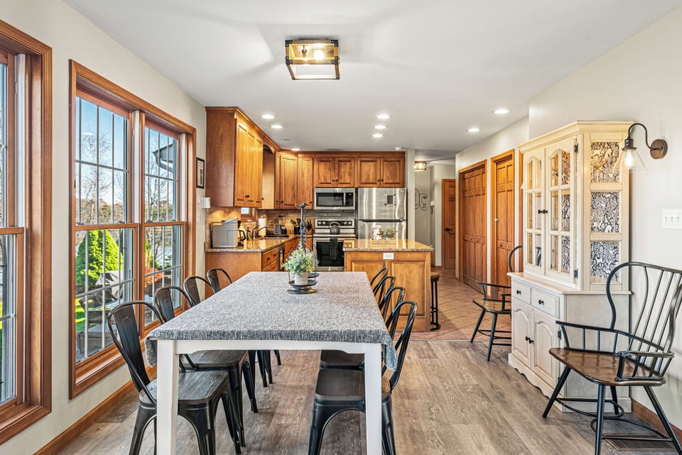 Modern kitchen with a dining area.