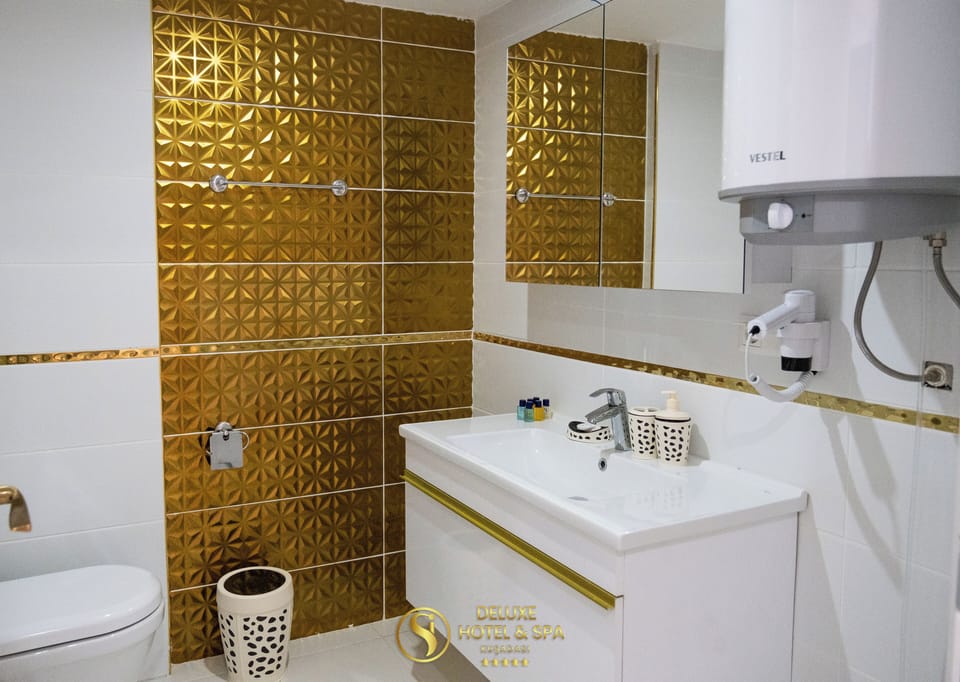 Shower, rainfall showerhead, hair dryer, slippers