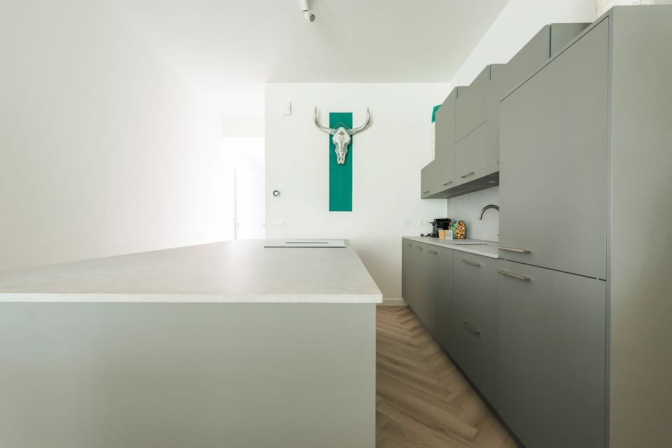 Sleek kitchen with grey cabinetry, integrated appliances, and minimalist decor, complemented by bright lighting and a clean design.