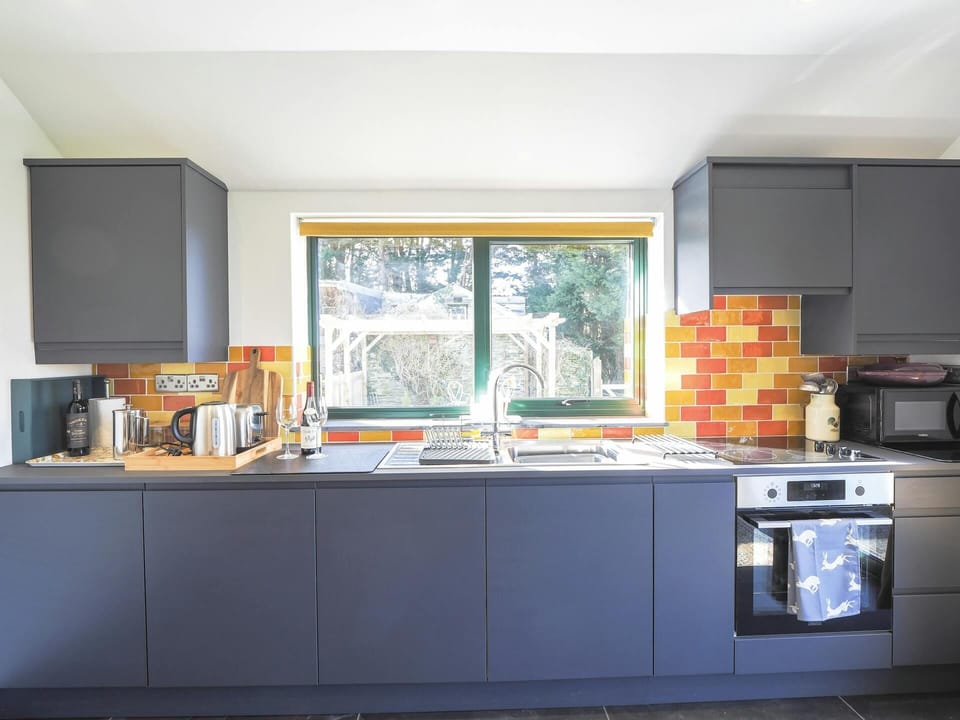 Wall and floor cabinets, sink, oven, hob and kettle