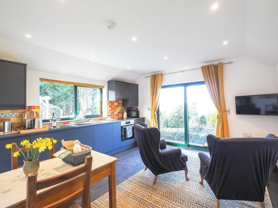 Dining table and chairs with a vase of flowers, armchairs and TV
