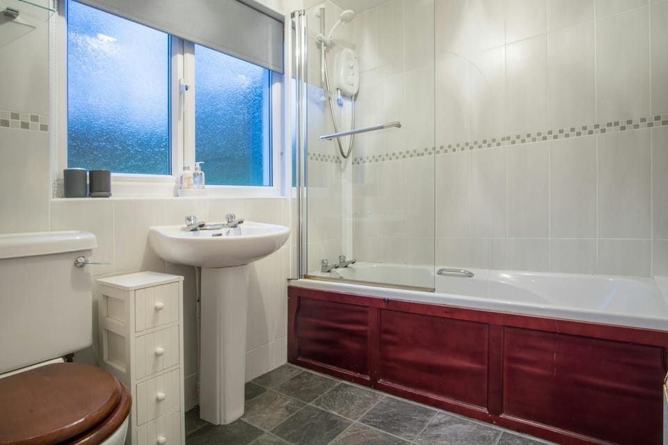 Bath with a shower over, WC, cupboard and wash hand basin