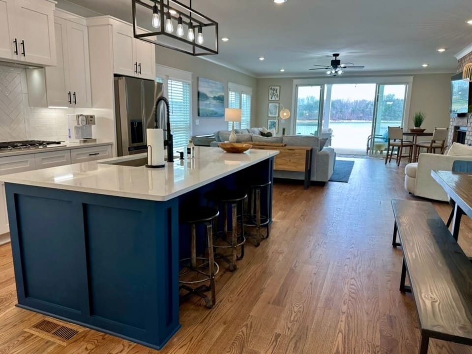 Open floor plan with kitchen, dining for 10 and living space.