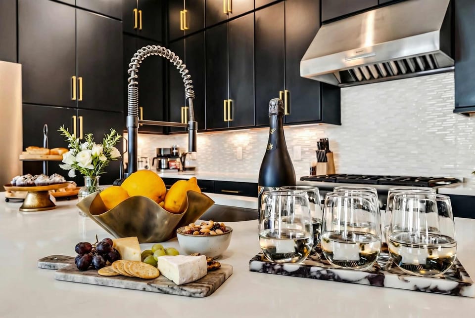 Island bar seating turns meal prep into a hangout. Twelve people can gather here without anyone stuck behind the counter, reserve your escape at Misfit Homes