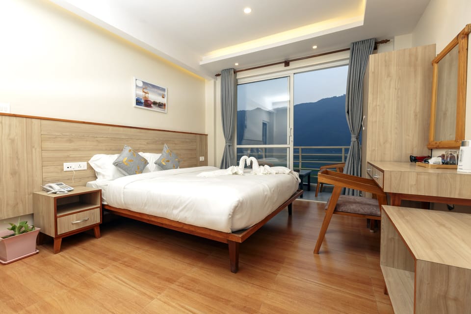 Premium bedding, desk, laptop workspace, soundproofing