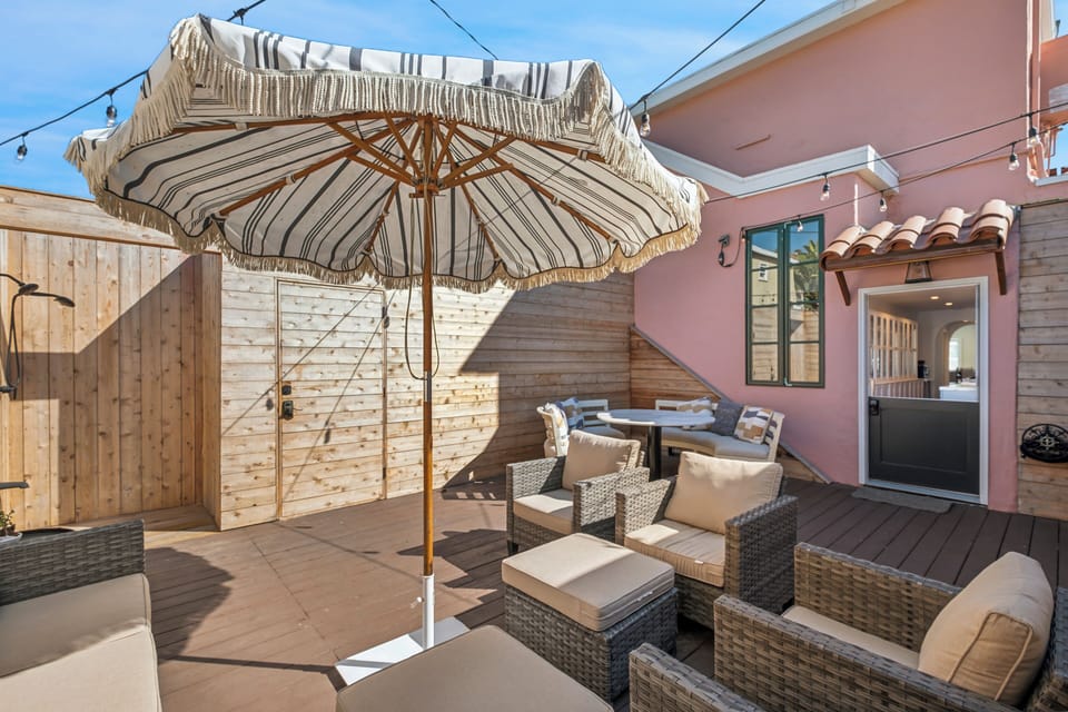 Private outdoor shower on patio for use