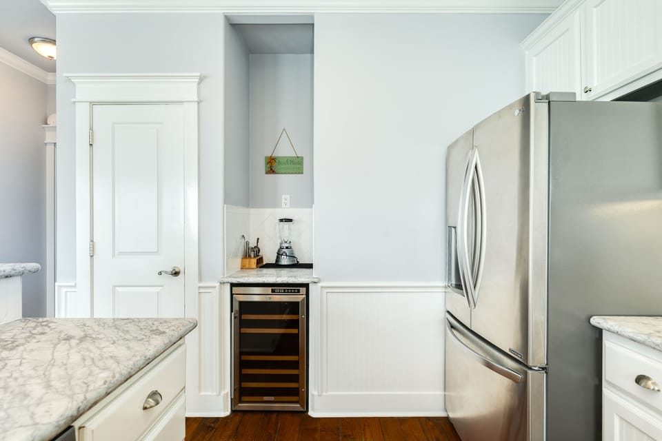 Stainless steel appliances including a wine fridge