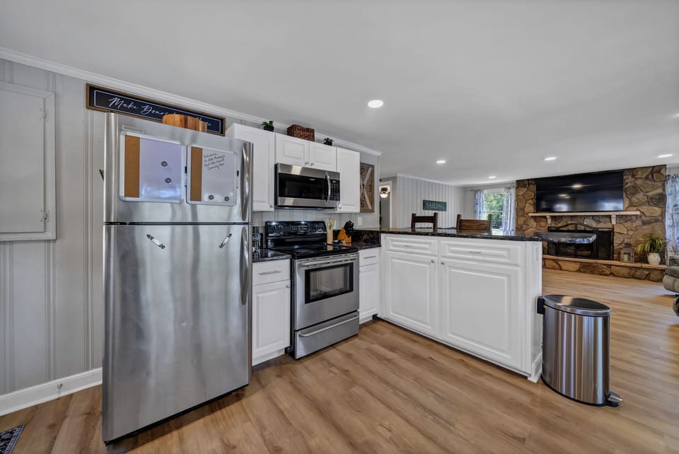 Stainless stove microwave and fridge