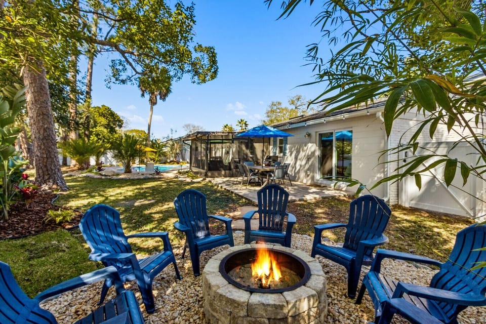 Firepit and string lights for enjoyable evenings at the beach.