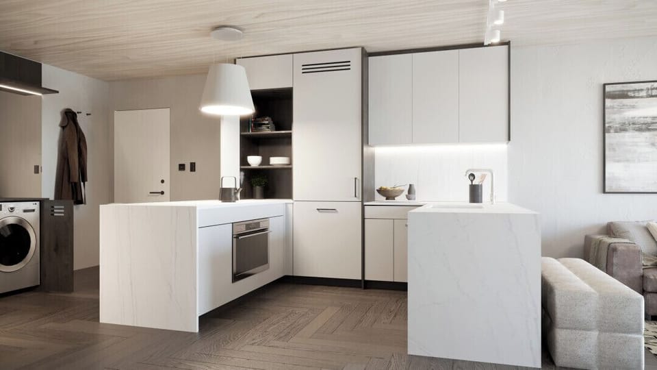 Fridge, stovetop, dishwasher, coffee/tea maker