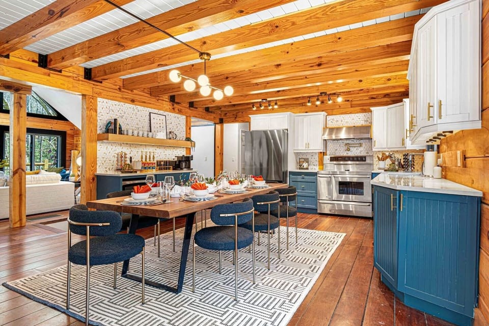 Stylish dining space with modern touches in a rustic setting.