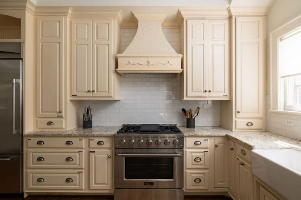 Kitchen equipped with: pots, pans, baking sheets, serving dishes, toaster, blender, Keurig, French press, drip coffee machine, microwave, spices, Brita, and more!