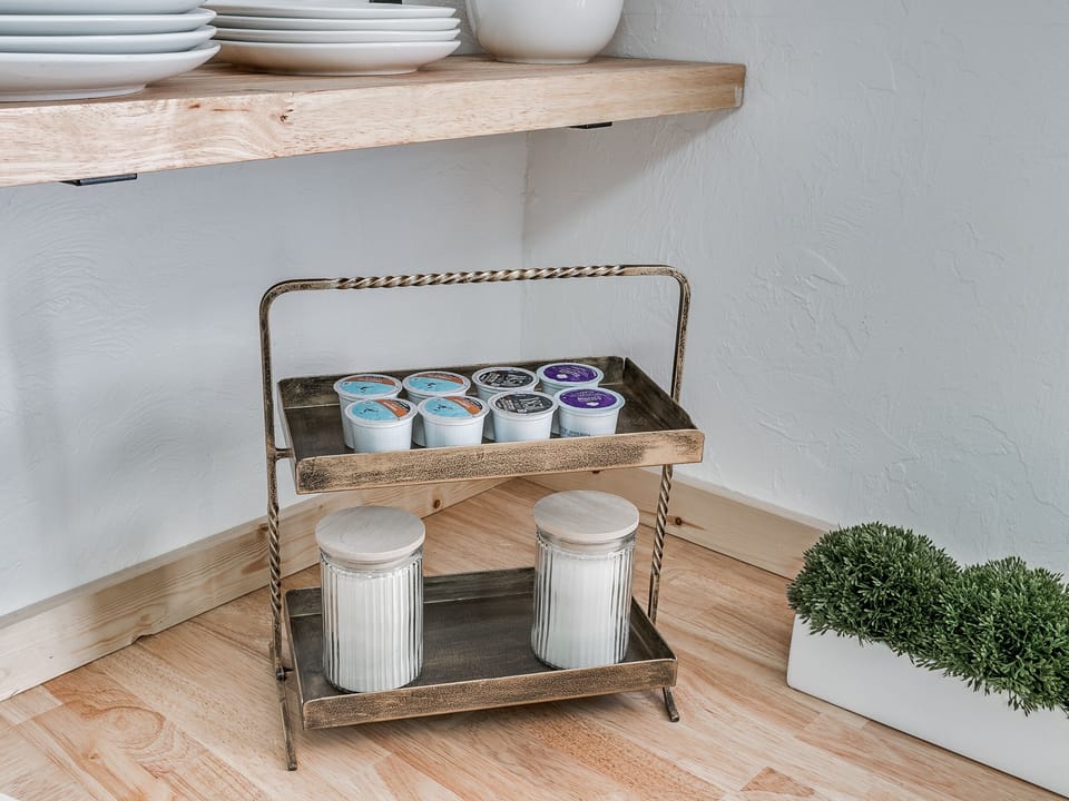 A starter supply of K-pods, sugar and dry creamer is available for your stay. Once depleted, you'll be responsible for replenishing what you need.