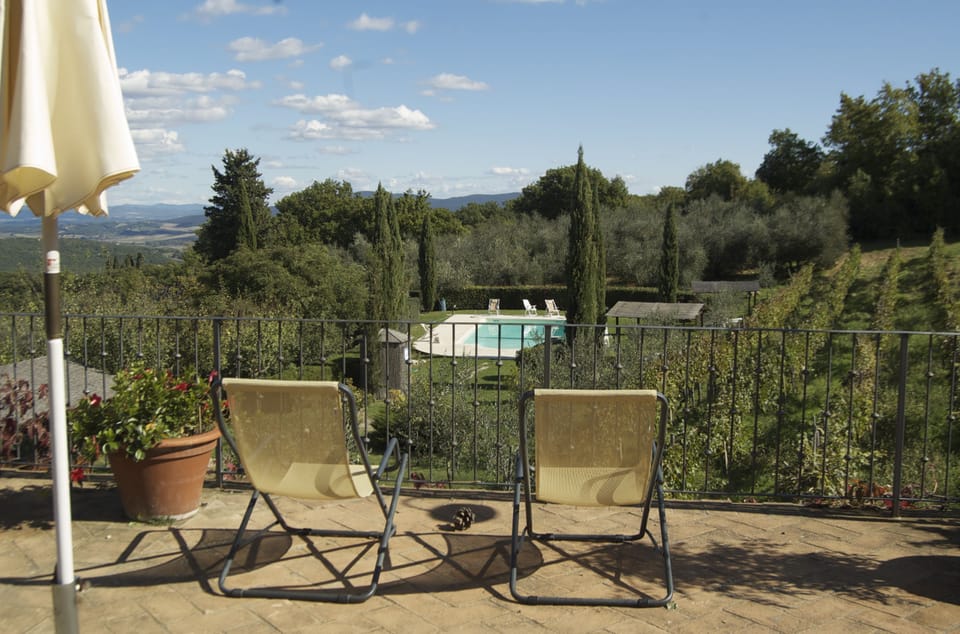 A large furnished terrace looks out over the pool and vineyards