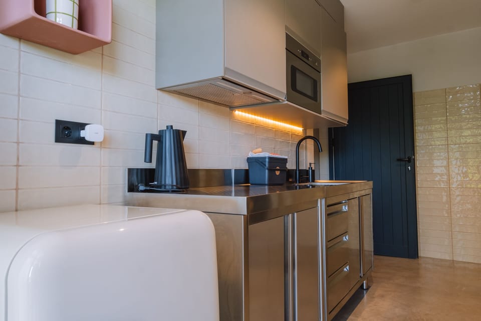 Family Apartment, Garden View | Private kitchen | Fridge, microwave, highchair, cookware/dishes/utensils