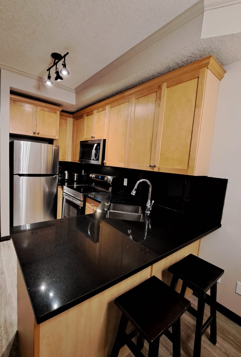 Kitchen with large fridge, dishwasher, microwave, stove and more!