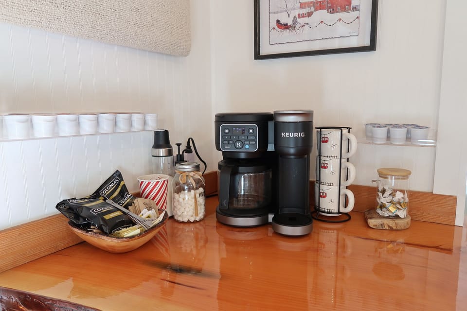 Keurig for coffee in the morning, Kcups are included.