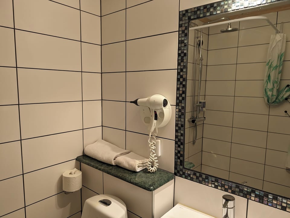 Shower, eco-friendly toiletries, hair dryer, towels