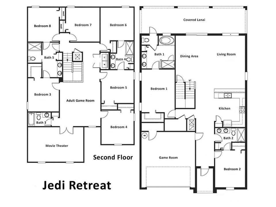Floor Plan-Jedi Retreat (The following bedrooms and bathrooms are labeled per this plan.)