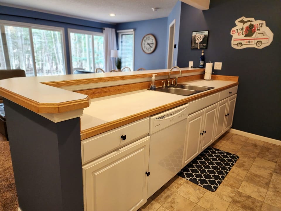 Lots of counter space to prepare meals. Plenty of dishes, pans, utensils etc