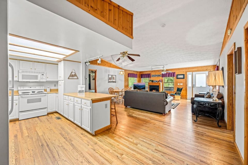 Just inside the front door. The cabin has a convenient open floorplan.
