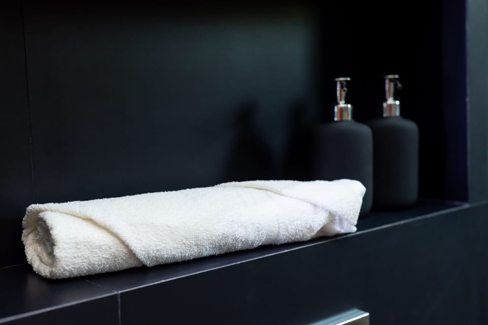 Hair dryer, bidet, towels, soap