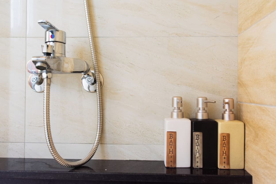 Shower, rainfall showerhead, hair dryer, soap