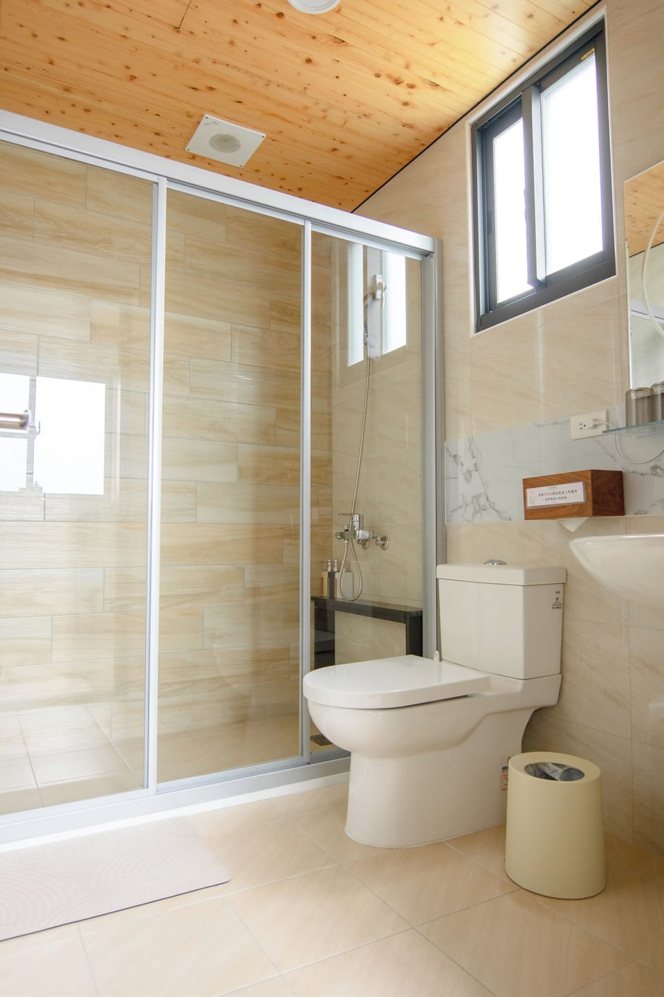 Shower, rainfall showerhead, hair dryer, soap